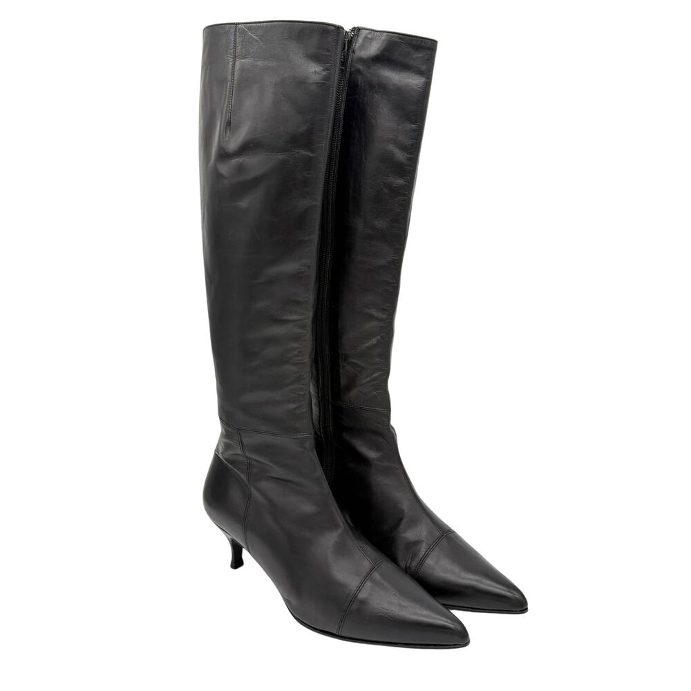 Rena Lange Knee High Boots Leather Pointed Toe Size 6.5 Black Made in Italy